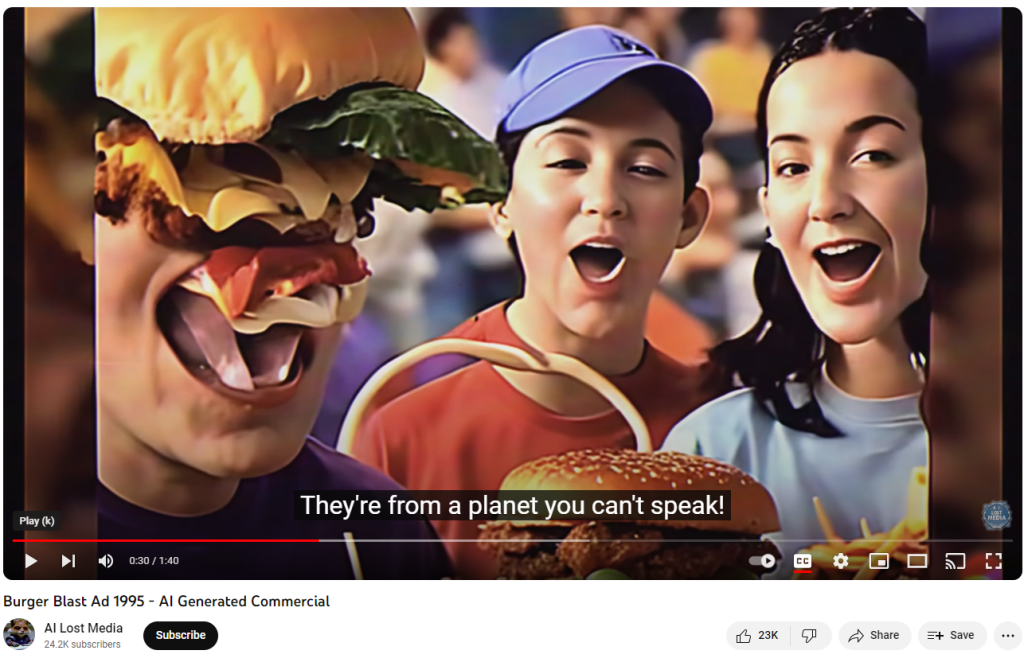 Video still from an AI-generated burger commercial showing distorted faces.