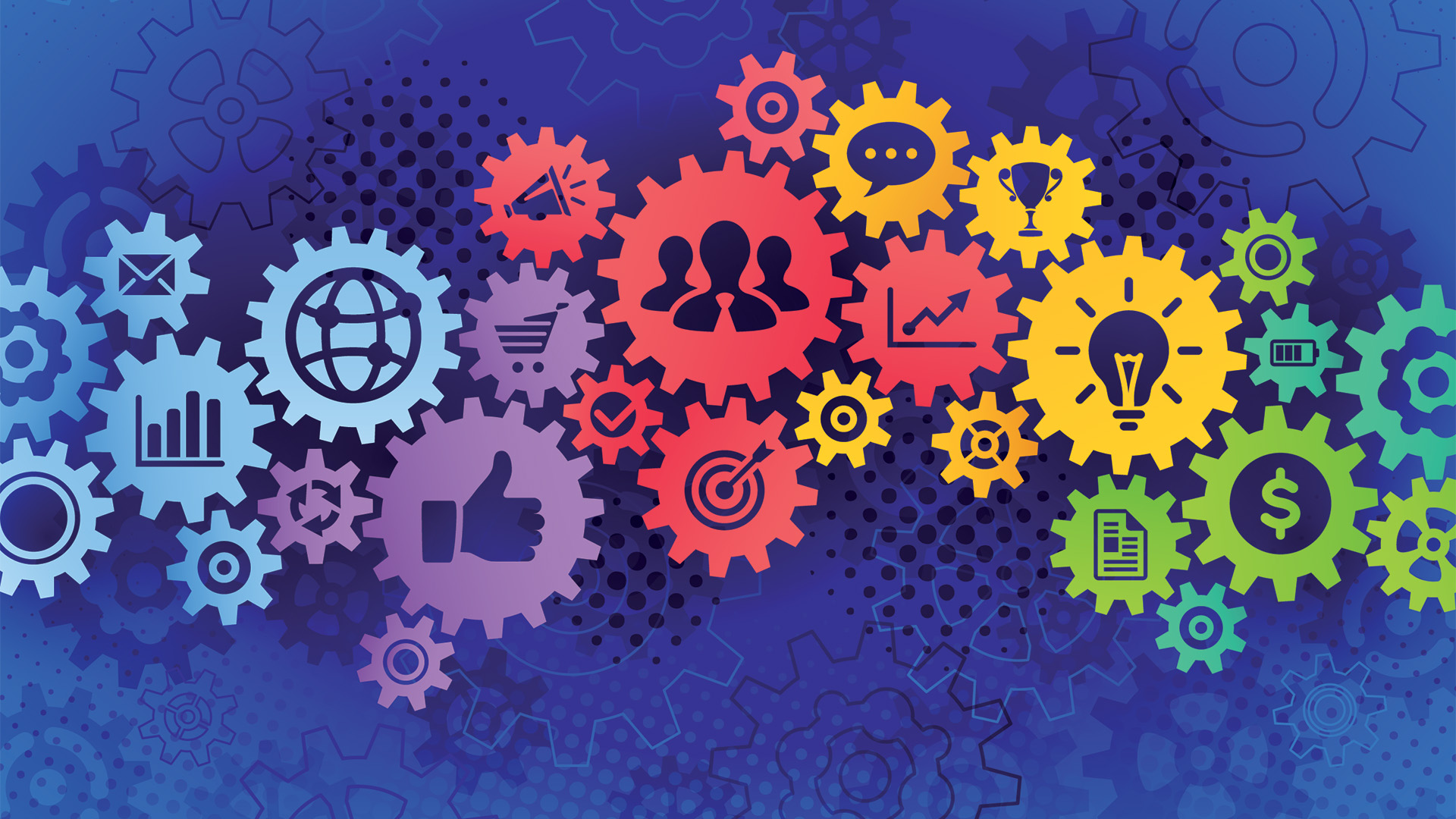 Interlocking multi-colored gears containing icons representing facets of communication, marketing and sales.
