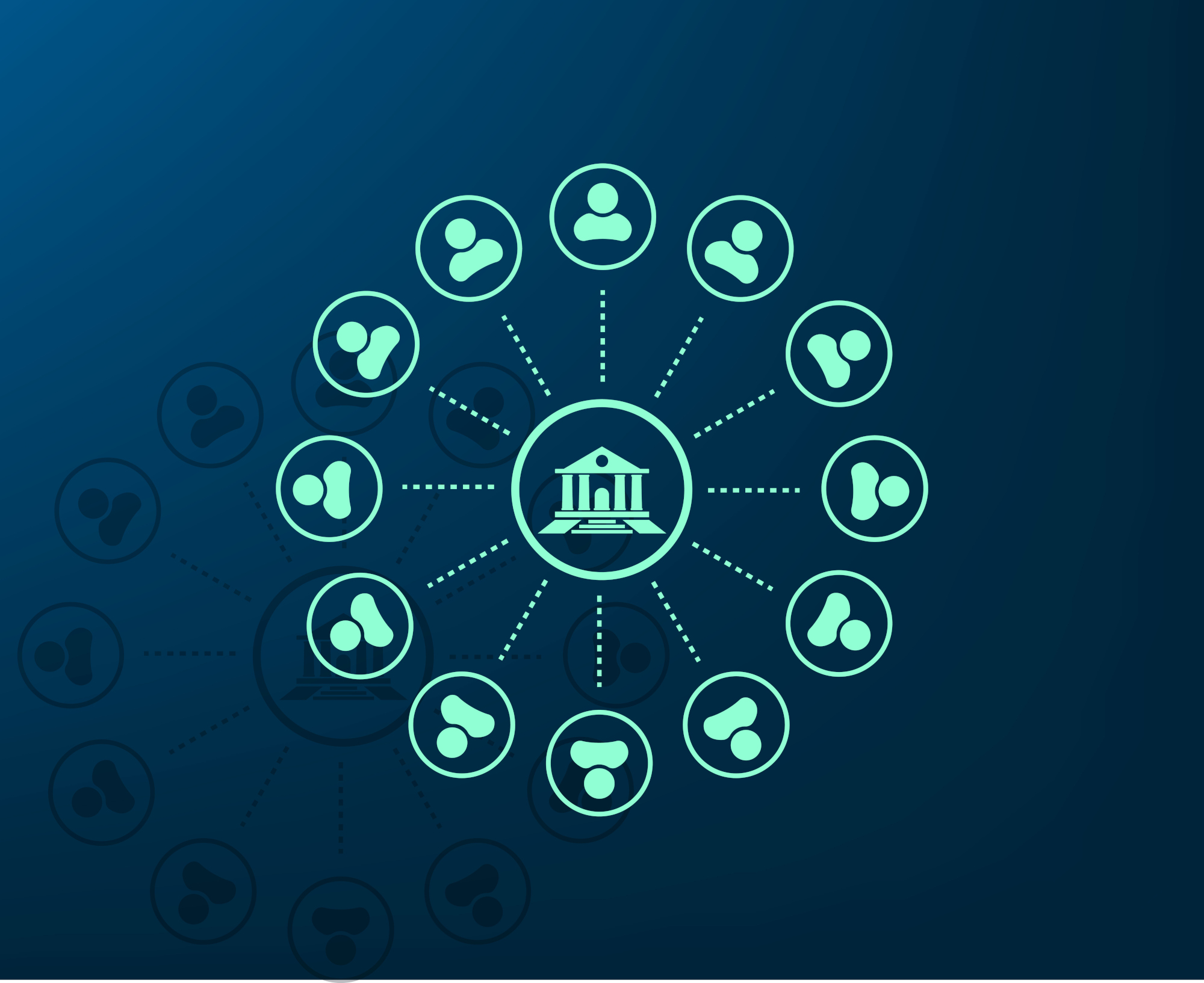 A graphic with a bank icon in the center linking out to a circle of icons representing people in the community.
