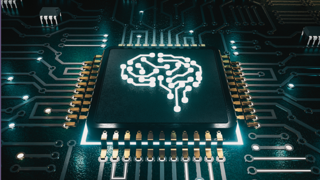 Detail of a circuit board with a chip decorated with an abstract image of a human brain