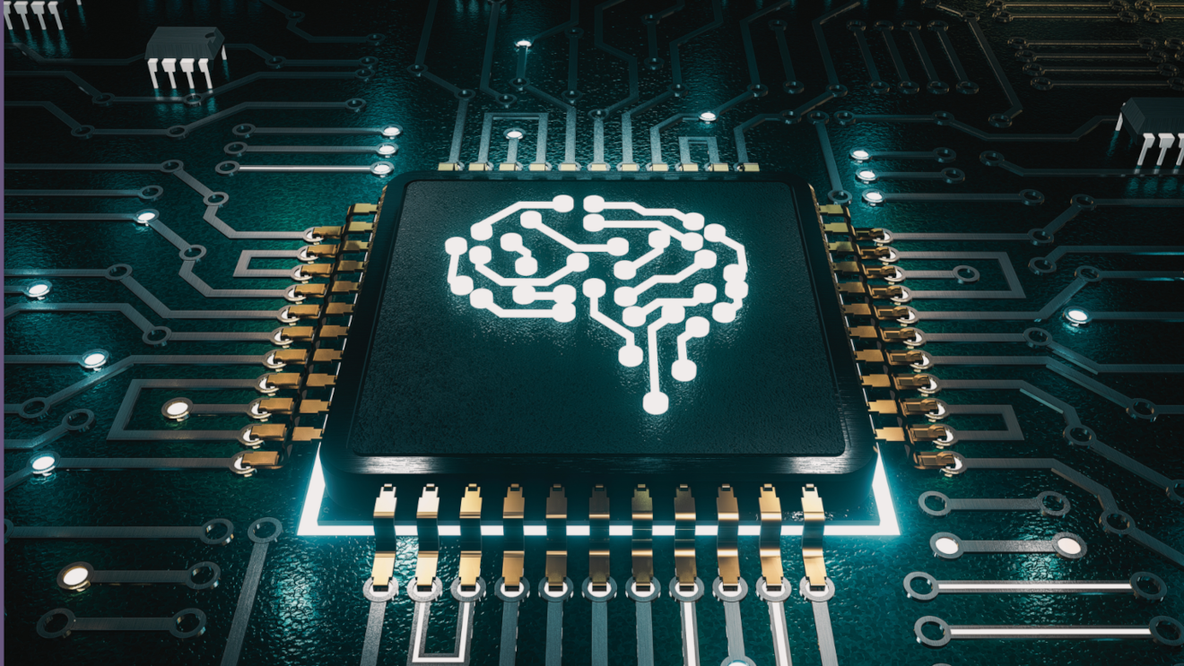 Detail of a circuit board with a chip decorated with an abstract image of a human brain