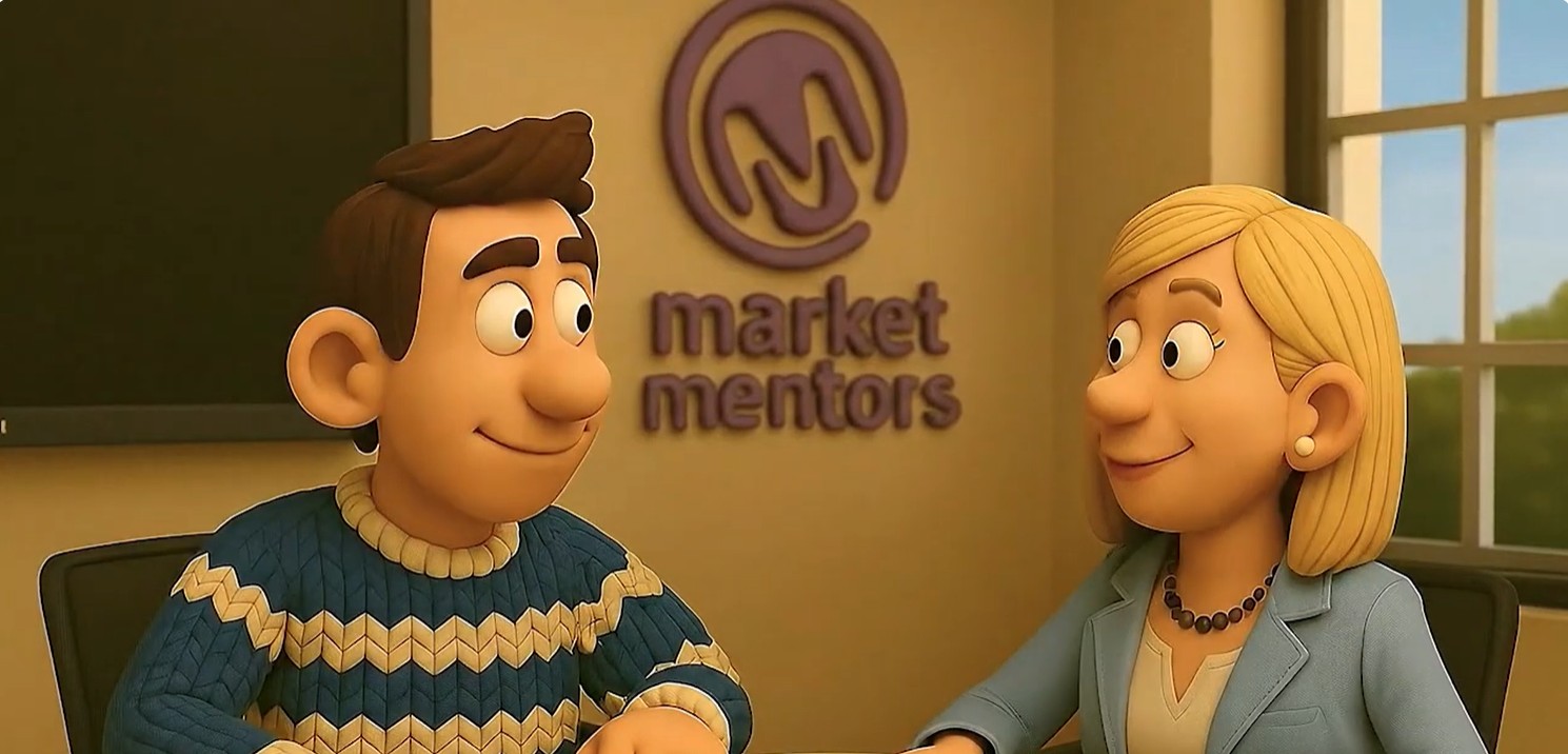 Claymation-style animation still of a man and woman seated at a table with the Market Mentors logo on the wall behind them