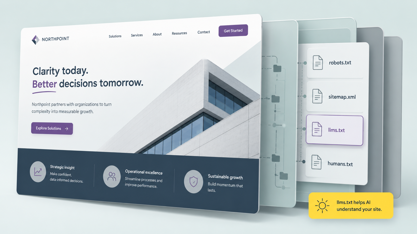 "Modern website homepage mockup in angled perspective with layered translucent panels behind it revealing site files. Foreground panel shows a clean business homepage with navigation, hero headline, and call-to-action buttons. Behind layers display document cards labeled robots.txt, sitemap.xml, and llms.txt with llms.txt subtly highlighted in purple. Additional soft backgrounds in seafoam and lichen, and a small Sunshine-colored callout reading 'llms.txt helps AI understand your site.' Overall design uses Market Mentors colors and clean editorial style to represent behind-the-scenes website structure for AI discovery."