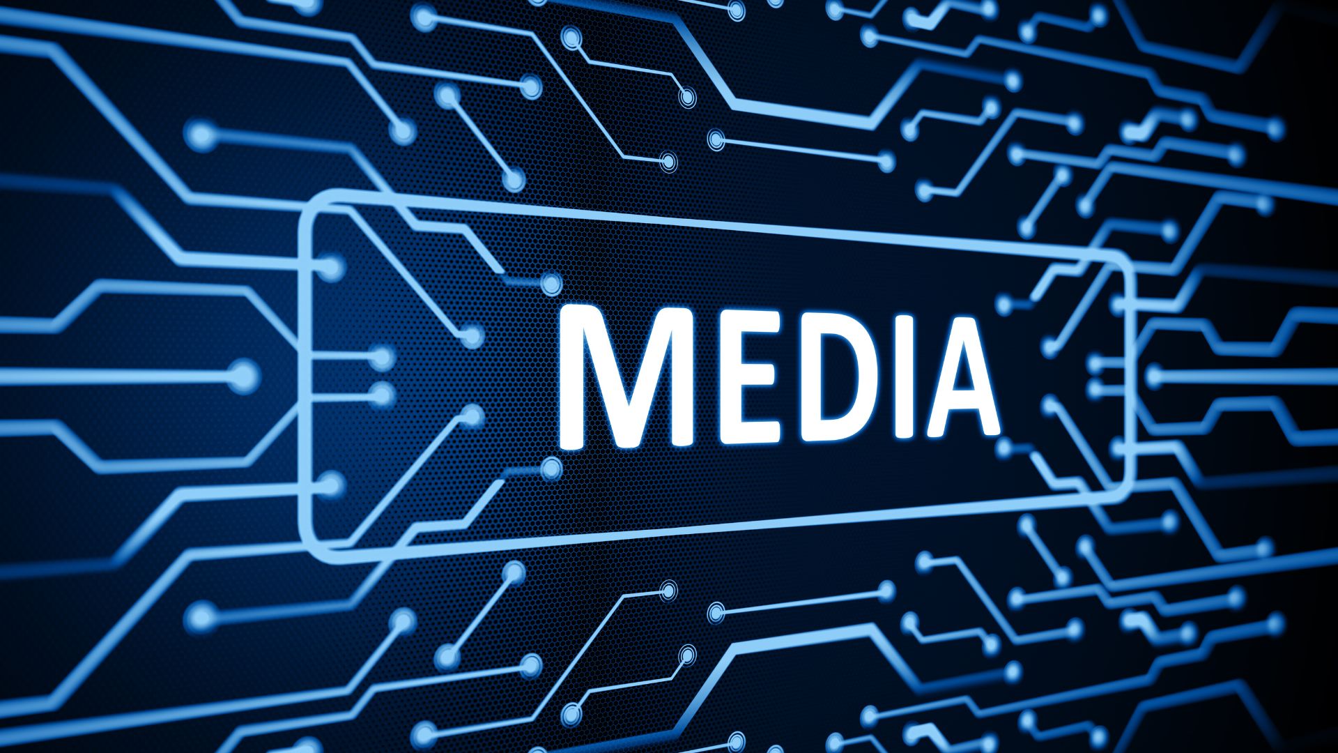 "Digital circuit board design with glowing blue lines forming pathways and nodes, overlaid with the word 'MEDIA' in bright white letters, representing technology-driven media and data networks."