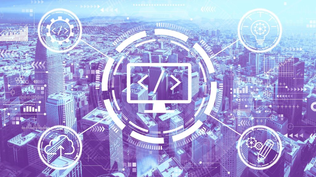 Futuristic city skyline with web development icons, code graphics and digital interface elements in blue and purple.