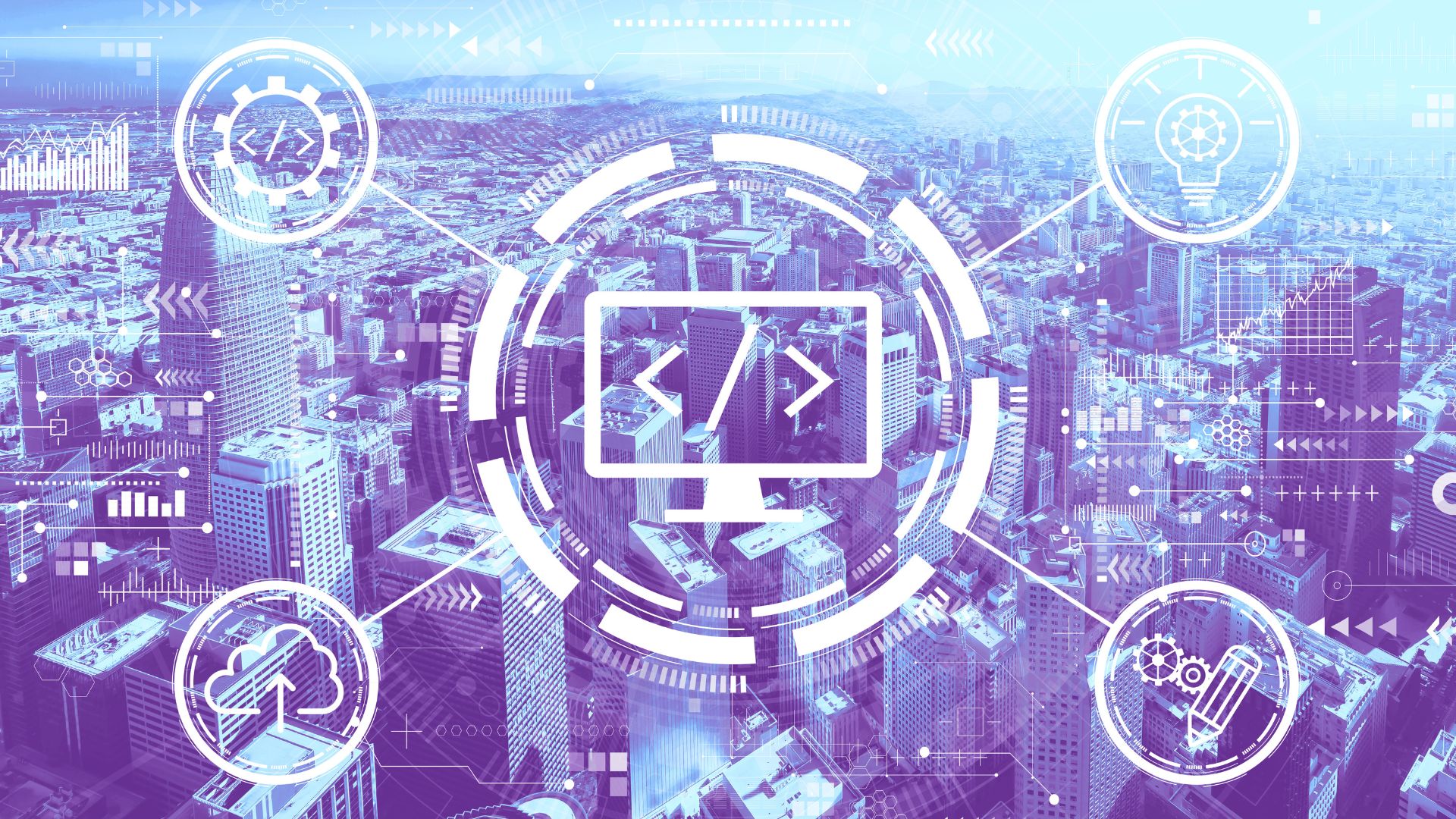Futuristic city skyline with web development icons, code graphics and digital interface elements in blue and purple.