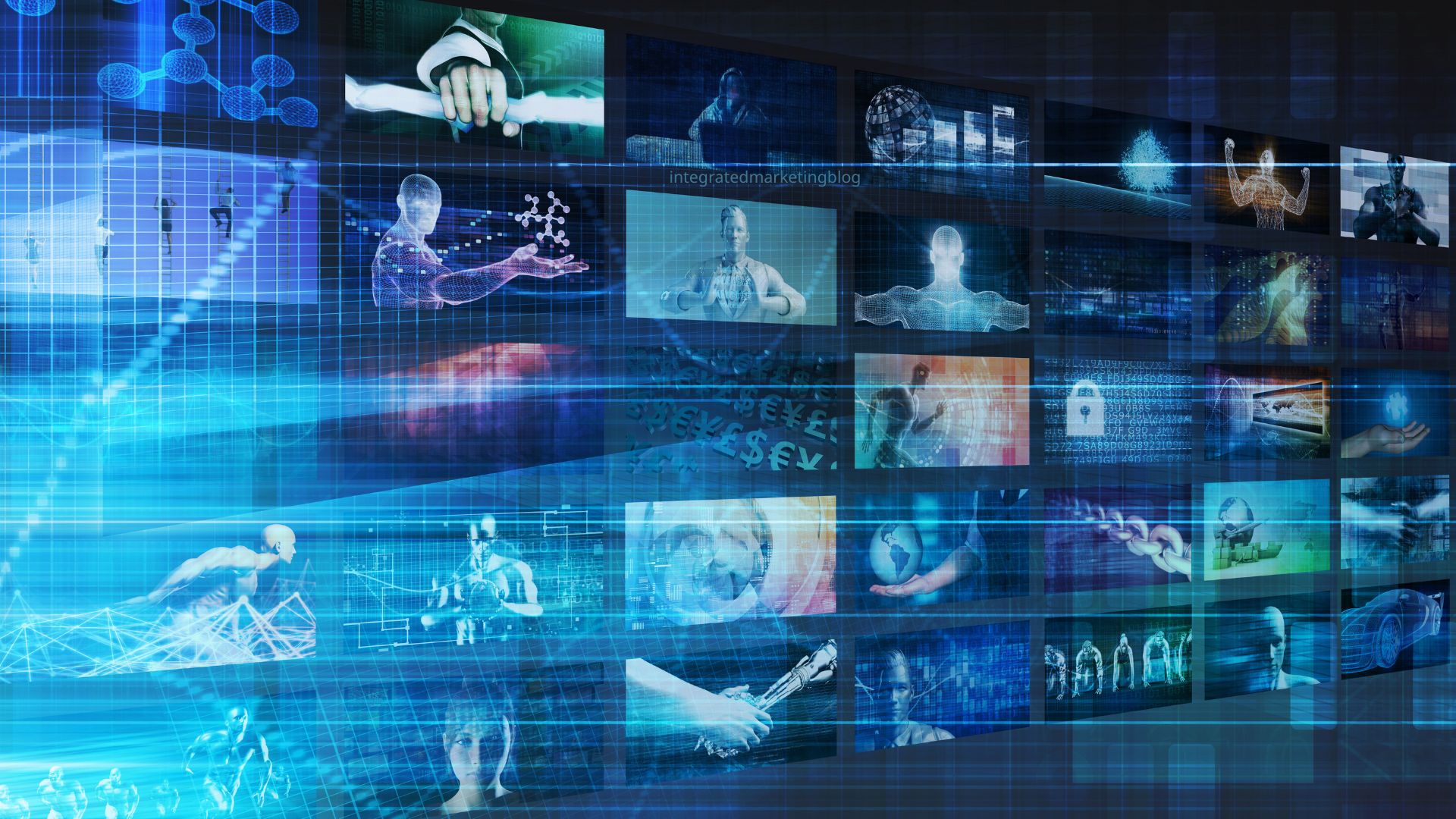 Futuristic digital media wall with video panels, data graphics and technology visuals representing video marketing and multimedia communication.