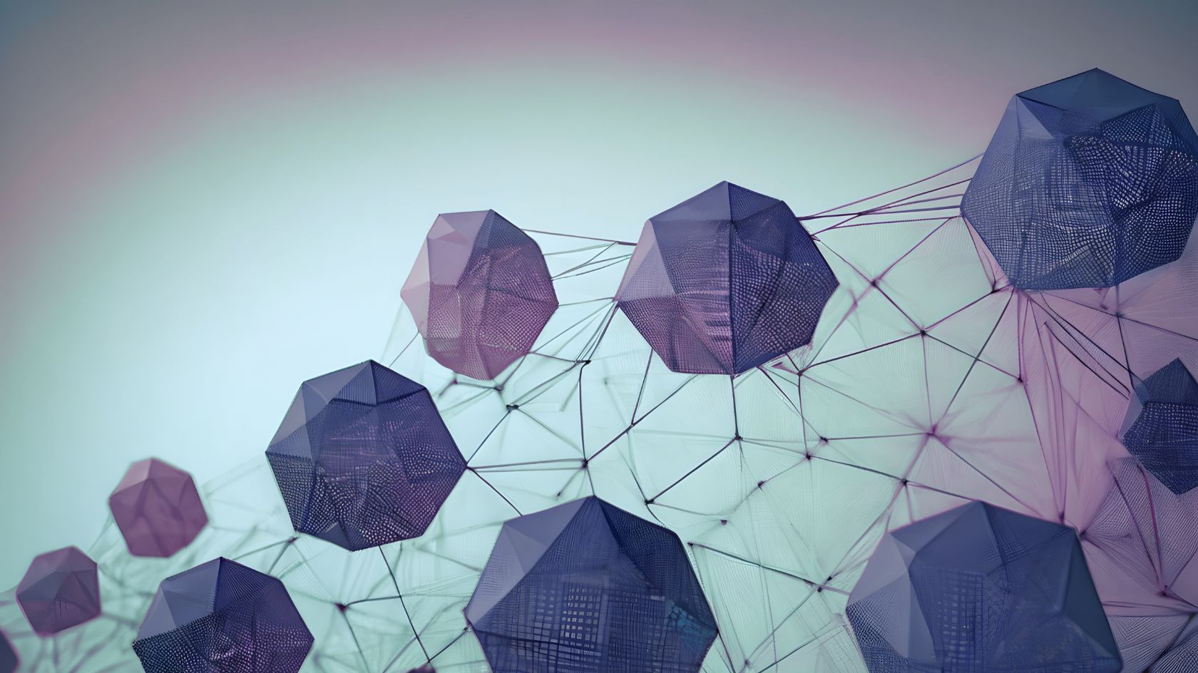 Abstract network of translucent purple and navy geometric polyhedrons joined by thin lines, against a soft teal and lavender gradient background, representing connected data and AI knowledge graphs.
